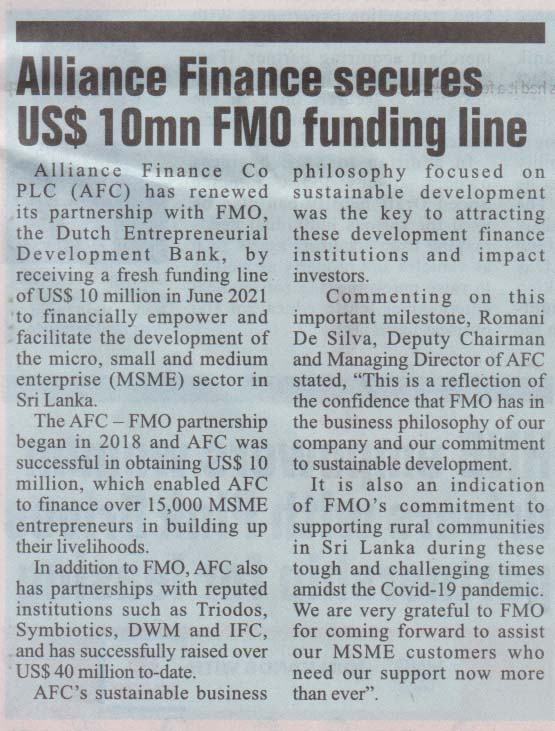 Alliance Finance Secures US$ 10MN FMO Funding Line